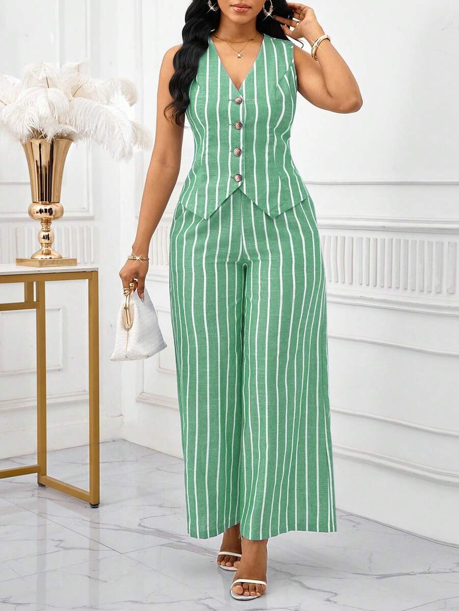 SHEIN Lady Blue And White Striped Fabric Women's Elegant Sleeveless Vest And Pants Suit Set, Business Commute Style, Summer Women Two Pieces Outfits Women Two Pieces Outfits Women Vacation Outfit Sets Pant Suit Summer Sets Women 2 Piece Sets Summer - Green - View 1
