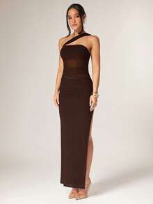 Silquee Women's Solid Color Sleeveless Ruched Side Slit Hem Fitted Dress - Coffee Brown - View 6