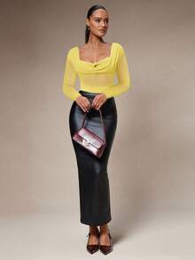 Silquee Women's Solid Color Twist Knot Design Long Sleeve Pleated Fashionable Blouse - Yellow - View 3