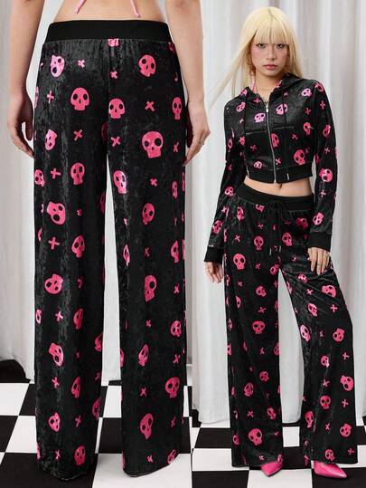 Shutterstock Y2Kool Black & Pink Contrast Skeleton Print Y2K Velvet Loose Fit Casual Pants For Women, Suitable For Halloween, Vacation, Party, Daily Wear, Autumn/Winter Matching Idea Graphic Pant Stylish Collection New Year Gyaru