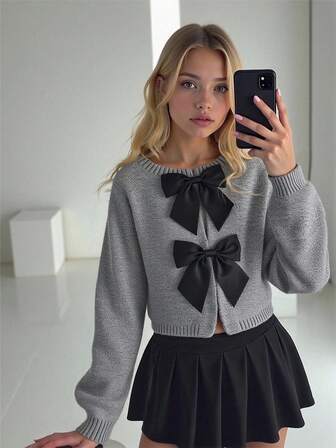 SHEIN Explorewe Fashionable Handmade Bow Knitted Cardigan, Grey Autumn Cute Back-To-School Long Sleeve Tween Girl Sweater Jacket School Button Clothes
