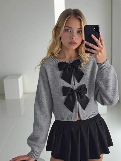 SHEIN Explorewe Cárdigan de manga larga con lazo tejido a mano de moda para niñas