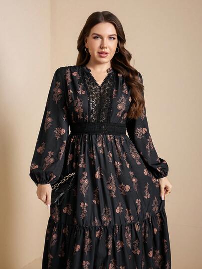 Comfylo 大码优雅印花中长连衣裙，适合通勤。