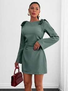 EURMUSE Women, Autumn, Short Dress, Tie Shoulder, Zipper, Flare Sleeve, - Mint Green - View 5