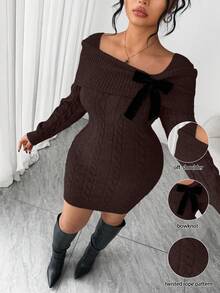 SHEIN Elenzya Women's Solid Color Off Shoulder Twist Knit Sweater Dress - Coffee Brown - View 1