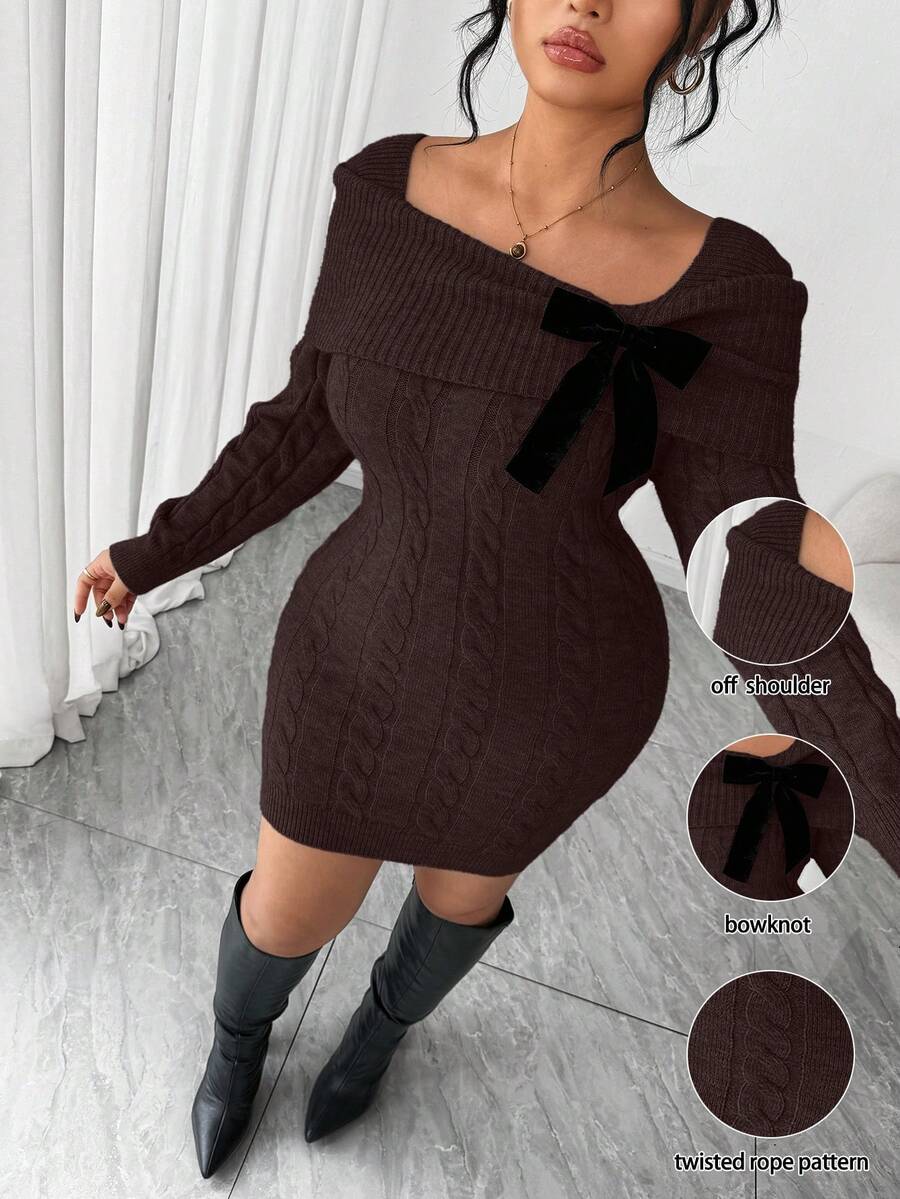 SHEIN Elenzya Women's Solid Color Off Shoulder Twist Knit Sweater Dress - Coffee Brown - View 1