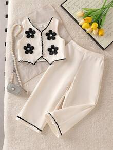 2件套少女时尚黑色3D立体花卉装饰珍珠纽扣吊带背心和阔腿裤套装，适合日常、通勤、休闲、夏季穿着。 - 杏色 - 查看 3
