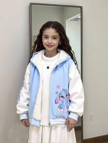 SHEIN Girls' Solid Color Zip-Up Jacket With Thermal Lining, Comfortable & Versatile Autumn/Winter Outerwear - Blue - View 3