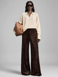 Ontre 女士多功能丝绒面料舒适柔软直筒裤，前褶设计，弹性腰带，适合通勤、商务、休闲、办公穿着，优雅百搭，也适合圣诞节、新年派对和聚会等场合。 - 棕色 - 查看 8