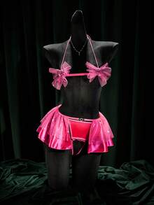 SpicyHot 3pcs Sexy Mesh Sheer Sequin Lace-Up Women's Lingerie Set Lingerie Set Bow Front Exotic Dance Wear Hot Pink Lingerie Set Fantasy Lingerie Costume Exotic Dancer Outfits, Lingerie For Women,Sexy,Valentine's Day,Sexy Lingerie, - Hot Pink - View 1
