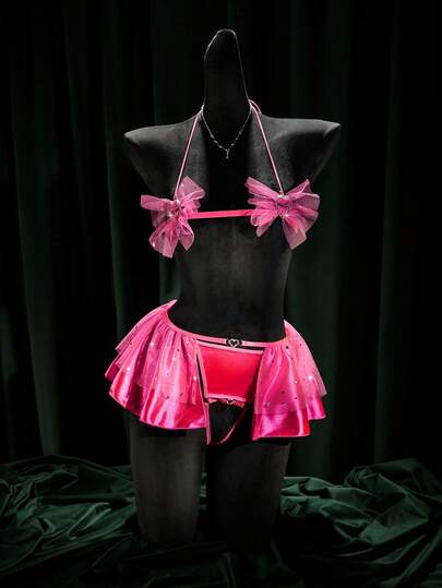 SpicyHot 3pcs Sexy Mesh Sheer Sequin Lace-Up Women's Lingerie Set Lingerie Set Bow Front Exotic Dance Wear Hot Pink Lingerie Set Fantasy Lingerie Costume Exotic Dancer Outfits, Lingerie For Women,Sexy,Valentine's Day,Sexy Lingerie,