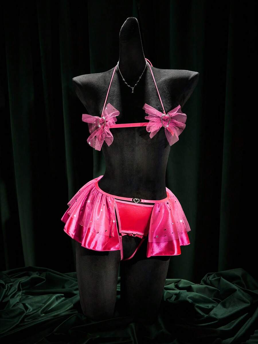 SpicyHot 3pcs Sexy Mesh Sheer Sequin Lace-Up Women's Lingerie Set Lingerie Set Bow Front Exotic Dance Wear Hot Pink Lingerie Set Fantasy Lingerie Costume Exotic Dancer Outfits, Lingerie For Women,Sexy,Valentine's Day,Sexy Lingerie, - Hot Pink - View 1