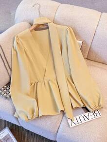 Franclia Women's V-Neck Tie Waist Fitted Comfortable Versatile Long Sleeve Blouse - Light Yellow - View 7