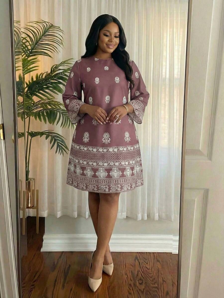 SHEIN Lady 大码女装红色印花夏季假日连衣裙女士大码休闲简约流苏连衣裙夏季 - 彩色 - 查看 1