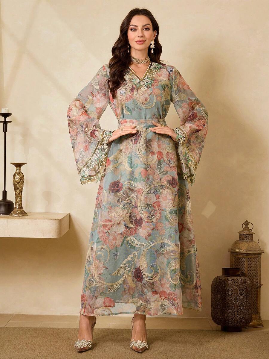 Al Najma 女士极简印花V领长袖阿拉伯风格连衣裙 - 粉色 - 查看 1