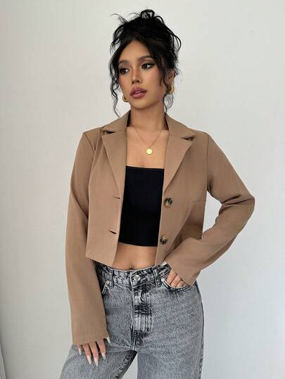 SHEIN PETITE 女士优雅卡其色缺角领单排扣长袖修身短款西装外套，春秋季