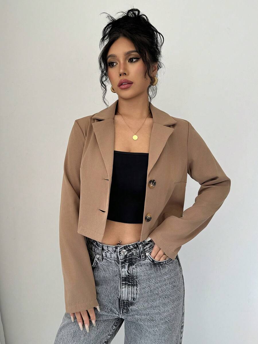 SHEIN PETITE 女士优雅卡其色缺角领单排扣长袖修身短款西装外套，春秋季