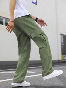 PAVTROS Loose Fit Men's Flap Pocket Side Cargo Jeans - Army Green - View 7