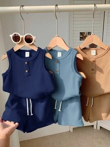 Loomiva 6pcs/Set Baby Boy Cute Casual Knit Top & Shorts Set, Basic Multi-Pack, Summer - Multicolor - View 9