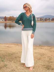 Sydney Algeri Pullover mit Buchstaben-Flicken und Streifenbesatz, Langarm-Oberteil - Dunkelgrün - Übersicht 3