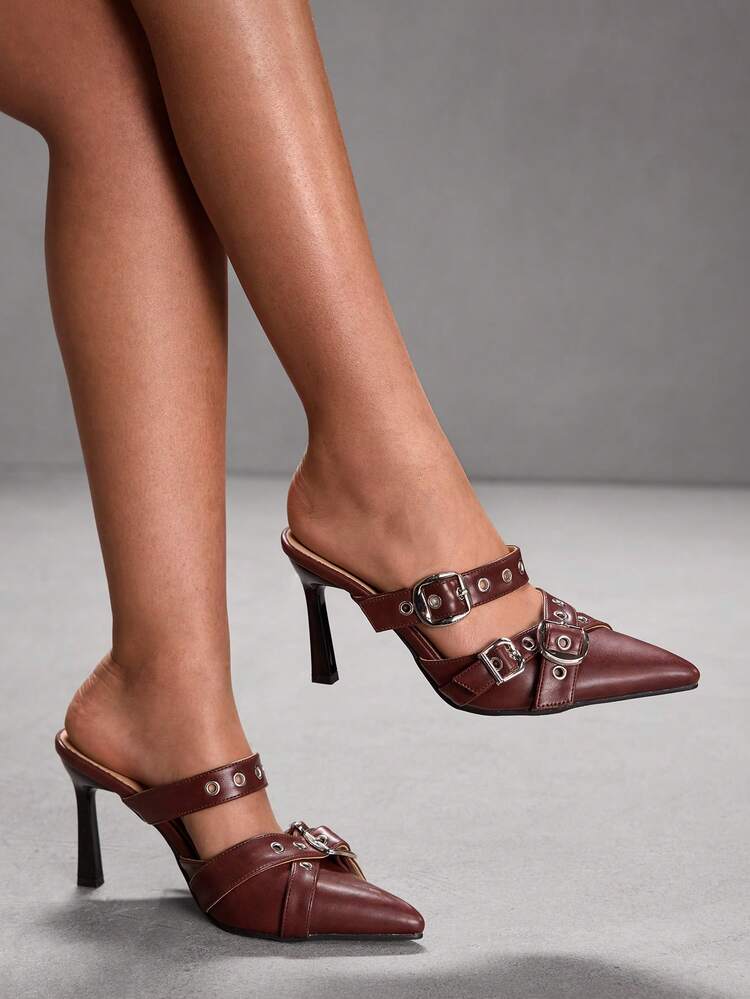 CUCCOO SZL Women's Pointed Toe Buckle Design Everyday Versatile Fashion Mule High Heels For Christmas