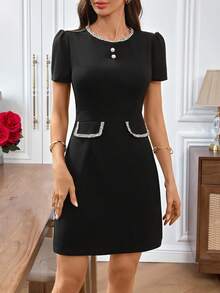 EMERY ROSE 女士优雅缎带装饰修身迷你连衣裙，夏季 - 黑色 - 查看 1