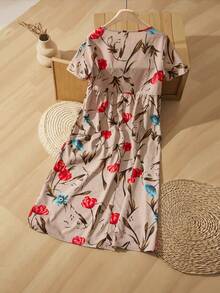 EMERY ROSE Women's Summer Long Dress With Short Sleeves And Large Floral Print.