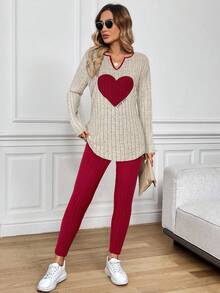 SHEIN LUNE Bộ đồ nữ 2 món gồm áo dài tay và quần thêu hình trái tim, thích hợp mặc mùa xuân, quà tặng ngày Valentine, bộ đồ màu đỏ, đồ mặc thường ngày cho nữ. - Đỏ - Xem 6