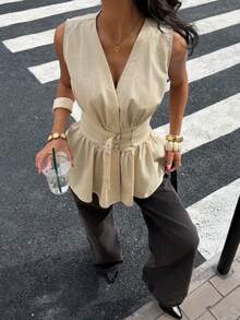 Siren Gaze 100%纯棉无袖衬衫，双腰带设计，柔软亲肤，杏色，适合工作和度假穿着，优雅女士衬衫 - 杏色 - 查看 6