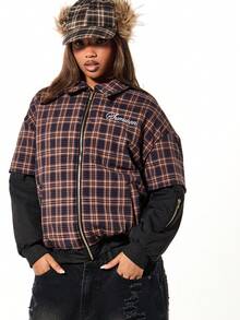 SUMWON WOMEN Two In One Mock Layered Plaid Bomber Jacket With Contrast Sleeves Fall Winter Casual Outerwear - Multicolor - View 6