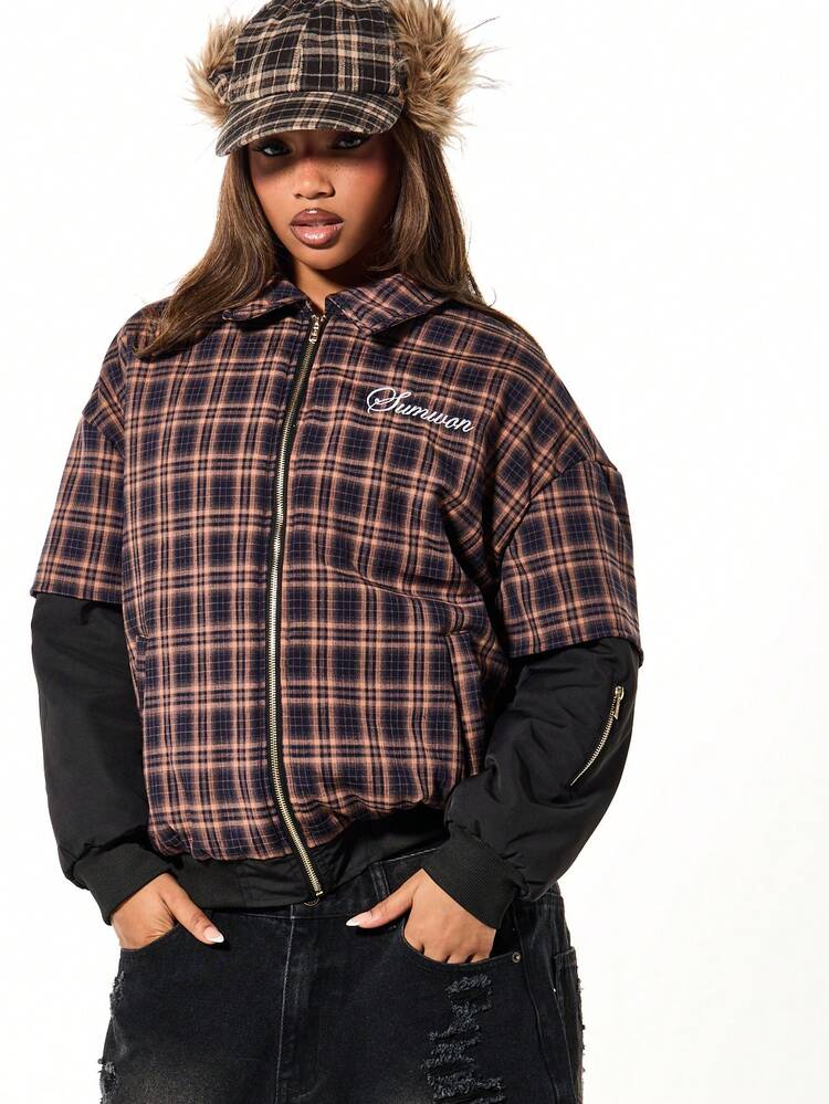 SUMWON WOMEN Veste bomber à carreaux à effet superposé