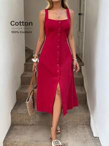 Easowa Square Neck Ruched Bust Cup High Slit Back Tie Cinched Waist A-Line Midi Dress, Sourced Cotton Fabric, Casual Vacation Elegant For Women,Summer Dresses For Women - Red - View 1