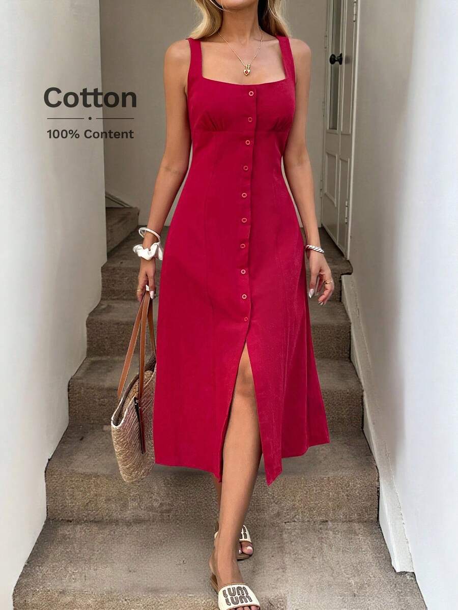 Easowa Square Neck Ruched Bust Cup High Slit Back Tie Cinched Waist A-Line Midi Dress, Sourced Cotton Fabric, Casual Vacation Elegant For Women,Summer Dresses For Women - Red - View 1