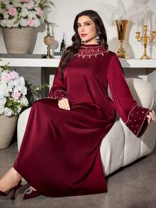Al Najma Elegant Stand Collar Lace Patchwork Flare Sleeve Dress, Burgundy Kaftan Jalabiya Dress - Burgundy - View 5