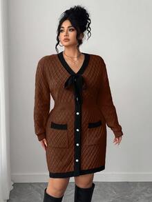 Elenzga Vestido de punto con bloqueo de color y ribete, talla grande, otoño/invierno - Marrón - Ver 5