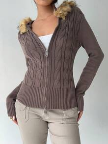 Aloruh 少女秋冬新款针织开衫，麻花针织拼布长袖棕色毛衣 - 棕色 - 查看 9