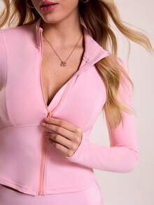 Sovereign Charm Front Zip Fitted Cropped Sports Jacket - Pink - View 7