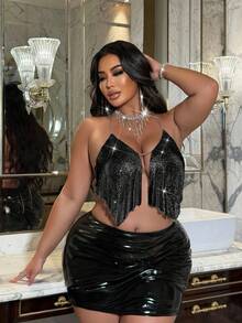 NU&NOW Áo crop top không tay đính sequin và dây xích kim loại gợi cảm dành cho phụ nữ ngoại cỡ, mặc dự tiệc - màu đen - Xem 4