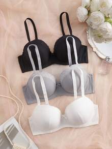 DesireSculpt 3pcs/Set Women's Plus Size Solid Color Lace Trim Underwire Bras - Multicolor - View 3