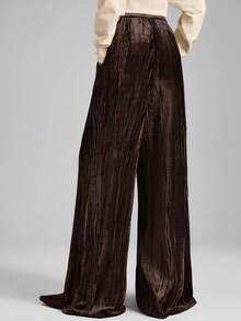 Ontre 女士多功能丝绒面料舒适柔软直筒裤，前褶设计，弹性腰带，适合通勤、商务、休闲、办公穿着，优雅百搭，也适合圣诞节、新年派对和聚会等场合。 - 棕色 - 查看 4