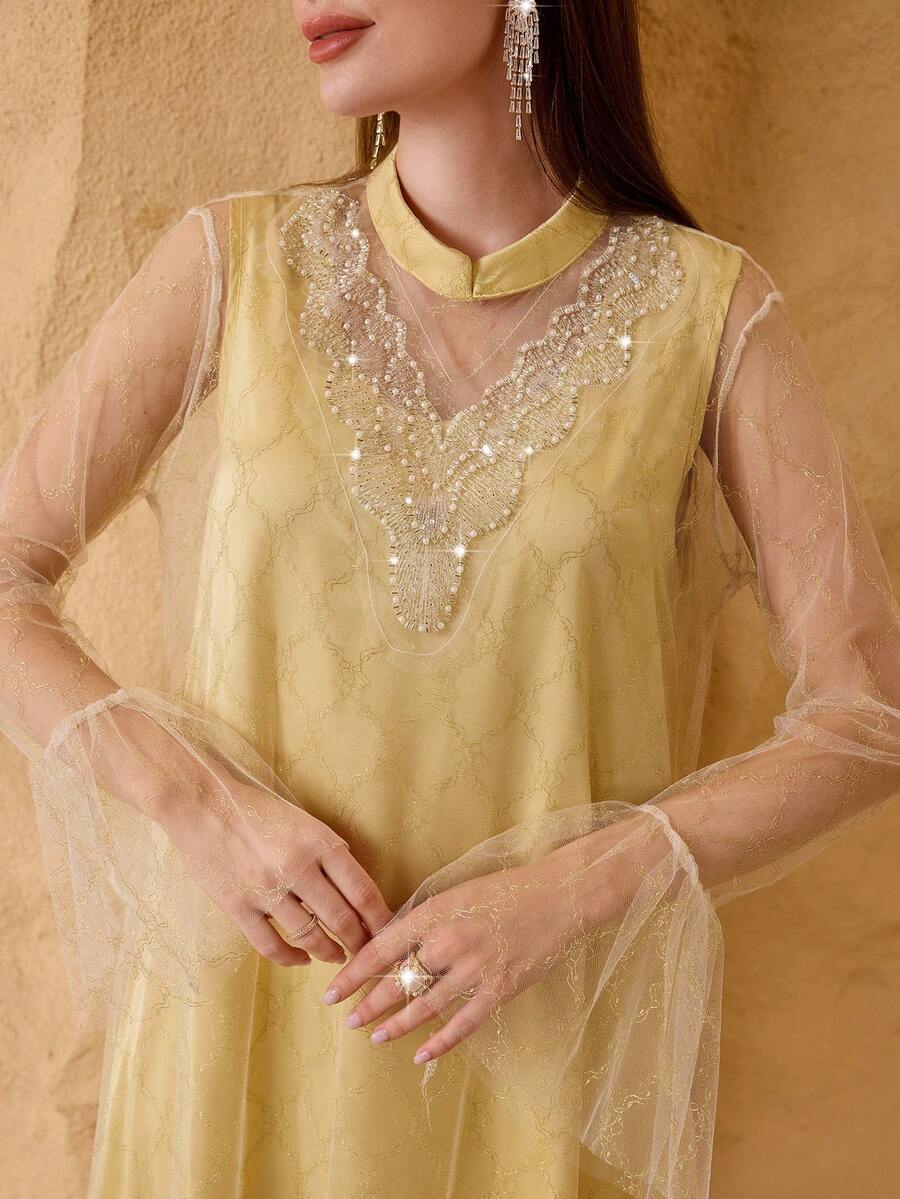 Al Najma Fashionable New Luxury Elegant Beaded Mesh Women's Arabic Style Dress - Yellow - View 1