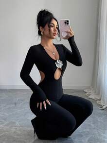 Rafferiza Sexy Fashion Long Sleeve Cropped Metallic Decor Jumpsuit, Suitable For Autumn/Winter Party - Black - View 6
