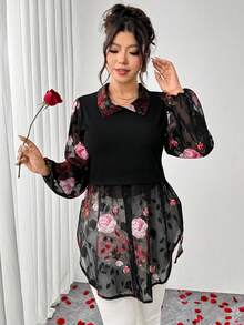 SHEIN Elenzya 大码女式优雅通勤花卉印花网纱拼接上衣 情人节 - 彩色 - 查看 5