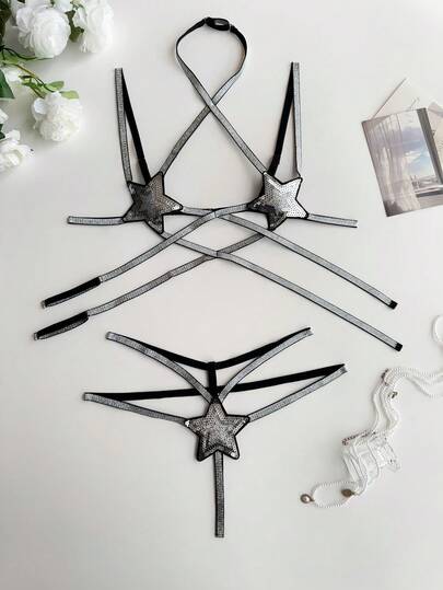 SHEIN 2 件套闪亮银色星星亮片镂空系带性感内衣套装，适合女士外出穿着