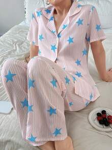 SHEIN Bộ đồ ngủ cardigan ve áo sọc sao dành cho nữ - Màu xanh lam - Xem 5