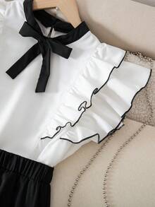 SHEIN Teen Girl Bow Collar Ruffle Trim Blouse And Shorts Set,Soft Comfortable Black And White,Summer,Y2k,Holiday,Back-To-School Tween Clothes For Girls - Black and White - View 3