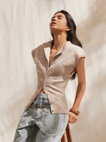 Easelle Women's Solid Color Simple Short-Sleeved Knit Top, Suitable For Everyday Wear. Short-Sleeved Button-Down Knit Top In Solid Color. - Khaki - View 7