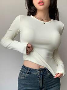 FRIFUL Women's Casual Round Neck Long Sleeve Fleece T-Shirt, Autumn/Winter - White - View 8