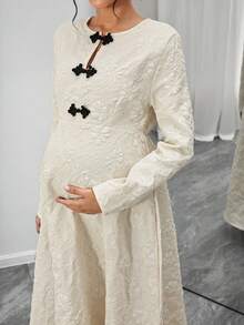Momance Elegant Contrast Color Button Jacquard Long Sleeve Dress - Apricot - View 6