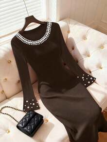 GlowEve 女士喇叭袖珍珠装饰修身优雅日常通勤时尚法式街头复古百搭圣诞派对新年假日商务红色长袖连衣裙，秋冬款 - 咖啡棕 - 查看 3